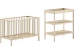 Babymöbel-Set VIPACK Dino ist das ideale Start Set für Ihr Kind aus massiver Buche, beige (natur), ohne Matratze, B/H: 60cm x 120cm, Schlafzimmermöbel-Sets, Babybett u. Wickelregal inkl., wahlweise in 3 Farben erhältlich