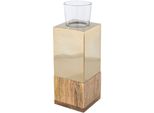 Teelichthalter Creativ Home "Kerzenhalter Tower", Beige (Champagnerfarben), B:8Cm H:23Cm T:8Cm, Edelstahl, Glas, Massivholz, Kerzenhalter, Teelichthalter, Aus Holz, Edelstahl Und Glas