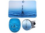 Badaccessoire-Set SANILO Wassertropfen, blau, Kunststoff, MDF, Polyester, Badaccessoires-Sets, bestehend aus WC-Sitz, Badteppich und Waschbeckenstöpsel