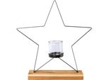 Windlicht Creativ Deco "Weihnachtsdeko", Schwarz, B:40Cm H:41Cm T:8Cm, Metall, Kerzenhalter, Windlicht, Auf Edlem Holzfuß, In Stern-Form, HöHe Ca. 41 Cm