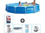 Piscina Intex Con Struttura Rotonda - 366 X 76 Cm - Blu - Incluso Coperchio Pompa - Filtro - Sistema Di Acqua Salata -Per Piscina