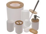Set Da Bagno 6 Pezzi In 2 Varianti Di Colore Con Dispenser Per Sapone In Bambù Bicchiere Per Spazzolino Da Denti Portasapone Secchio Per Cosmetici Scopino 24635, Colore:Bianco