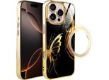 Custodia In Vetro Per Iphone 16 Pro Ibizu Elite Con Magsafe, Retro In Vetro, Golden Midnight, Ali Di Farfalla, Oro