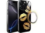 Custodia In Vetro Per Iphone 16 Pro Ibizu Elite Con Magsafe, Retro In Vetro, Golden Midnight, Lips, Nero
