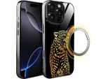 Custodia In Vetro Per Iphone 16 Pro Ibizu Elite Con Magsafe, Retro In Vetro, Golden Midnight, Roaring Jaguar, Nero