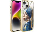 Custodia In Vetro Iphone 14 Ibizu Elite, Retro In Vetro, Kintsugi Art, Donna Con Perla, Oro