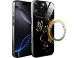 Custodia In Vetro Per Iphone 16 Pro Max Ibizu Elite Con Magsafe, Retro In Vetro, Golden Midnight, Effetto Farfalla, Nero