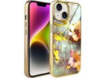 Iphone 14 Custodia In Vetro Ibizu Elite, Retro In Vetro, Fiori Con Oro, Oro