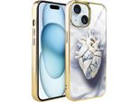 Custodia Ibizu Elite Glass Per Iphone 15, Retro In Vetro, Kintsugi Art, Cuore In Porcellana, Oro