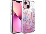 Custodia Ibizu Elite Glass 3D Per Iphone 15, Retro In Vetro, Fiori Estivi Al Tramonto, Argento