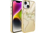 Custodia Ibizu Elite Glass 3D Per Iphone 14, Retro In Vetro, Mappa Del Mondo Dorata Con Scritta Visa Dorata, Oro