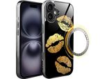 Custodia In Vetro Per Iphone 16 Plus Ibizu Elite Con Magsafe, Retro In Vetro, Golden Midnight, Lips, Nero