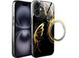 Custodia In Vetro Per Iphone 16 Plus Ibizu Elite Con Magsafe, Retro In Vetro, Golden Midnight, Ali Di Farfalla, Nero