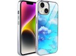 Custodia Ibizu Elite Glass Per Iphone 14, Retro In Vetro, Nuvole, Argento