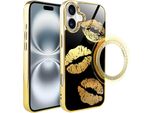 Custodia In Vetro Per Iphone 16 Plus Ibizu Elite Con Magsafe, Retro In Vetro, Golden Midnight, Lips, Oro