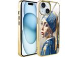 Custodia Ibizu Elite Glass Per Iphone 15, Retro In Vetro, Kintsugi Art, Donna Con Perla, Oro