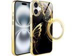 Custodia In Vetro Per Iphone 16 Plus Ibizu Elite Con Magsafe, Retro In Vetro, Golden Midnight, Ali Di Farfalla, Oro