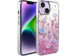 Custodia Ibizu Elite Glass 3D Per Iphone 14, Retro In Vetro, Fiori Estivi Al Tramonto, Argento