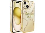 Custodia Ibizu Elite Glass 3D Per Iphone 15, Retro In Vetro, Mappa Del Mondo Dorata Con Scritta Visa Dorata, Oro