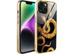 Iphone 14 Custodia In Vetro Ibizu Elite, Retro In Vetro, Serpenti Con Oro, Oro