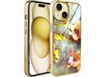 Iphone 15 Custodia In Vetro Ibizu Elite, Retro In Vetro, Fiori Con Oro, Oro
