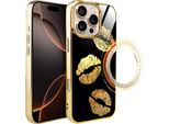 Custodia In Vetro Per Iphone 16 Pro Ibizu Elite Con Magsafe, Retro In Vetro, Golden Midnight, Lips, Oro