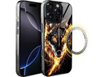 Custodia In Vetro Per Iphone 16 Pro Ibizu Elite Con Magsafe, Retro In Vetro, Fire Wolf, Black Chrome