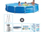 Piscina Intex Con Struttura Rotonda - 366 X 76 Cm - Blu - Inclusa Copertura Della Pompa - Pacchetto Manutenzione - Filtro - Scaletta