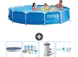 Piscina Intex Con Struttura Rotonda - 366 X 76 Cm - Blu - Copertura Inclusa - Pacchetto Manutenzione - Pompa Filtro Per Piscina - Kit Pulizia