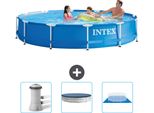 Piscina Intex Con Struttura Rotonda - 366 X 76 Cm - Blu - Include Pompa Filtro Per Piscina - Copertura - Telo Di Fondo
