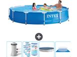 Piscina Intex Con Struttura Rotonda - 366 X 76 Cm - Blu - Compresa Pompa - Filtro - Copertura - Telo Di Fondo