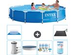 Piscina Intex Con Struttura Rotonda - 366 X 76 Cm - Blu - Inclusa Copertura Della Pompa - Pacchetto Manutenzione - Filtro - Copertura Del Terreno - Tappeto Solare