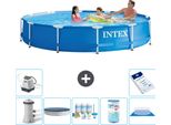 Piscina Intex Con Struttura Rotonda - 366 X 76 Cm - Blu - Inclusa Copertura Della Pompa - Pacchetto Di Manutenzione - Filtro - Copertura Del Terreno - Sistema Ad Acqua Salata -Per Piscina