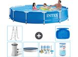 Piscina Intex Con Struttura Rotonda - 366 X 76 Cm - Blu - Inclusa Copertura Della Pompa - Pacchetto Di Manutenzione - Filtro - Scaletta - Pediluvio