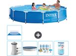 Piscina Intex Con Struttura Rotonda - 366 X 76 Cm - Blu - Inclusa Copertura Della Pompa - Pacchetto Manutenzione - Filtro - Copertura Del Terreno