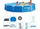 Piscina Intex Con Struttura Rotonda - 366 X 76 Cm - Blu - Include Copertura - Pacchetto Di Manutenzione - Pompa Filtro Per Piscina - Filtro - Copertura Del Terreno - Tappetino Solare