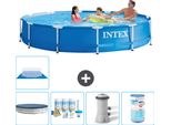 Piscina Intex Con Struttura Rotonda - 366 X 76 Cm - Blu - Include Copertura - Pacchetto Di Manutenzione - Pompa Filtro Per Piscina - Filtro - Copertura Del Terreno