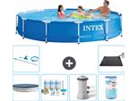 Piscina Intex Con Struttura Rotonda - 366 X 76 Cm - Blu - Include Copertura - Pacchetto Di Manutenzione - Pompa Filtro Per Piscina - Filtro - Kit Di Pulizia - Tappetino Solare