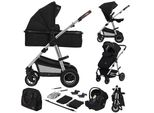 Lionelo Amber - Passeggino 3 In 1 - Set Sportivo, Seduta, Navicella Fissa, Seggiolino Auto, Borsa, Zanzariera, Parapioggia - Nero Argento