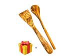 KochlöFfel OLIVENHOLZ-ERLEBEN "2Tlg. KochlöFfel-Set (KochlöFfel Rund, Pfannenwender Ohne LöCher)", Braun, L: 30Cm, Massivholz, KochlöFfel, KochlöFfel, Kochbesteck Aus Olivenholz Ist HitzebestäNdig Und Schonend Zu Pfannen