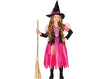 Strega Rosa Costume Fantasy Fiaba Foresta Mondo Magico Halloween Cappello Nero Glitter Paillettes Tulle Balze Scopa Fiaba Castello Strega, Taglia: 140/146 Colore: Rosa