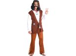 Costume Hippie Anni '70 Colorato Flower Power Look Con Gilet Fascia Pantaloni Per Carnevale Stile Retrò Woodstock Festival, Taglia: 48 - 50 (M) Colore: Marrone