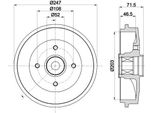 Hella 8DT 355 302-791 - Oe 424741 Tamburo Del Freno Con Mozzo Ruota Per Saxo, 106 Ii, 206 (2A/C), 206 Sw (2E/K), 206 Van