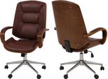 Sedia Da Ufficio HWC-O83, Sedia Girevole, Poltrona Direzionale, Similcuoio (280G/M²), Legno Curvo Mvg Aspetto Noce ~ Rosso-Marrone
