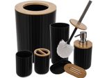 Set Da Bagno 6 Pezzi In 2 Varianti Di Colore Con Dispenser Per Sapone In Bambù Bicchiere Per Spazzolino Da Denti Portasapone Secchio Per Cosmetici Scopino 24635, Colore:Nero