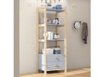 Scaffale In Piedi, 2 Cassetti, Libreria A 4 Livelli, Struttura In Pino, Maniglie In Legno Massiccio, Per Soggiorno, Camera Da Letto, Libreria, Blu+Legno Naturale