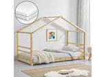 Letto Per Bambini + Materasso Con Rete A Doghe E Griglia 90X200Cm Letto Casa Letto Legno Letto Casa Letto Giovani [En.Casa]