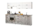 Set Cucina: Sei Cassetti, Dieci Ante, Nove Ripiani, Colore: Bianco | Cemento, Dimensioni Mobili: L: 240 Cm, A: 203 Cm, P: 46 Cm