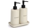 Seifenspender Zeller Present "Seifen-/Lotionspender-Set, 3-Tlg., Keramik", Creme, Keramik, Dosierspender, Seifenspender, Beschriftung: Seife Und Lotion, Minimalistisch Und Modern