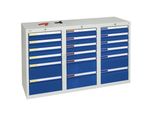 Schubladenschrank, HxBxT 900 x 1500 x 500 mm, 12 Schubladen 100 mm, 6 Schubladen 200 mm hoch, Korpus grau, Schubladen enzianblau kaiserkraft